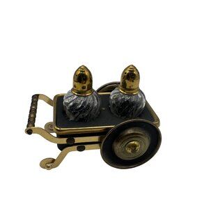 Vintage 1950s Brass & Glass Salt and Pepper Shaker Set in Wheelbarrow Cart